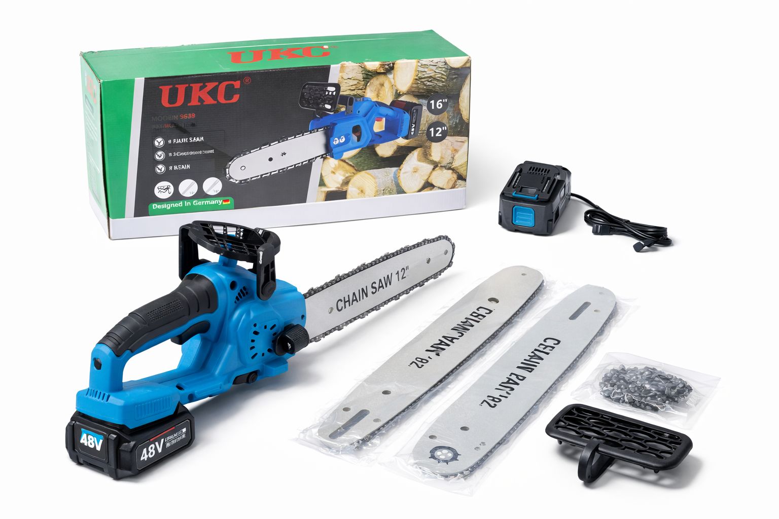 Mini-Akku-Kettensäge 48V mit Zubehör und Ersatzkette